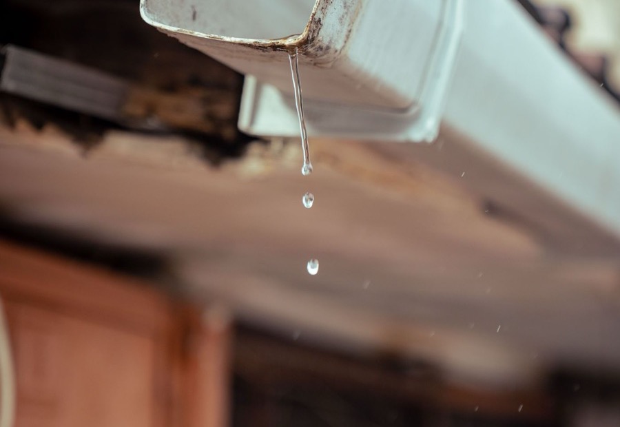 Downspout discharging rainwater against a house foundation onto wet ground